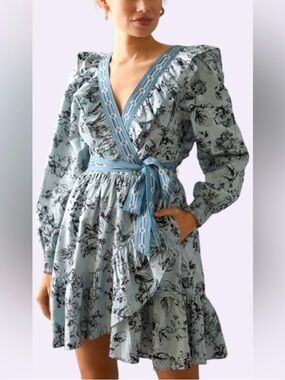 Anthropologie Pale Blue Floral Wrap Mini Dress